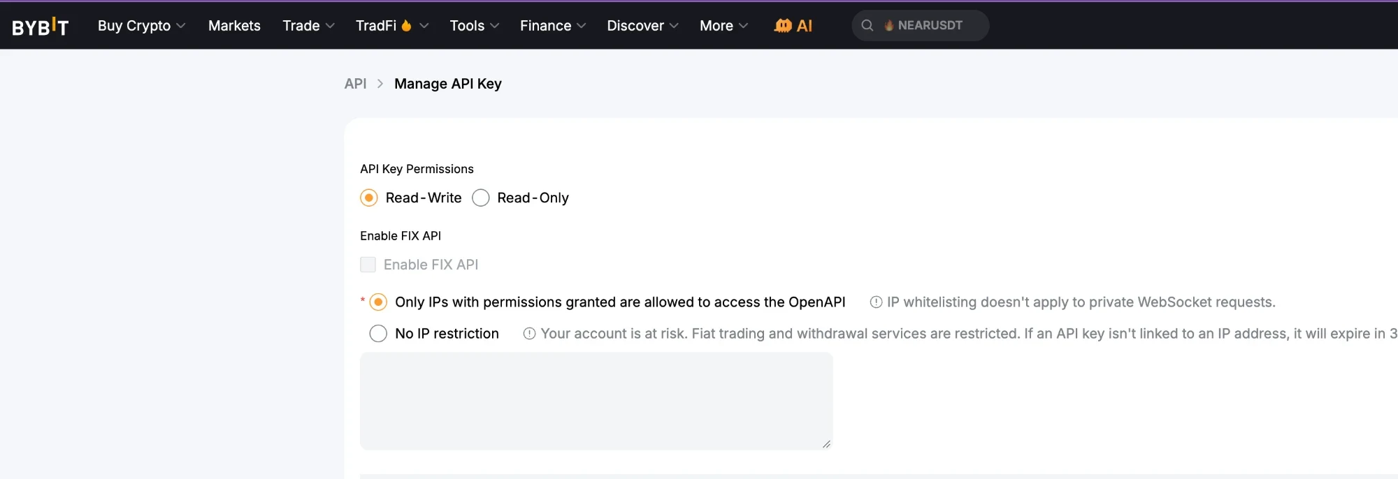 Bybit's Manage API Key form with Read-Write selected, FIX API unticked, the IP-restricted option selected and an empty IP box beneath it.